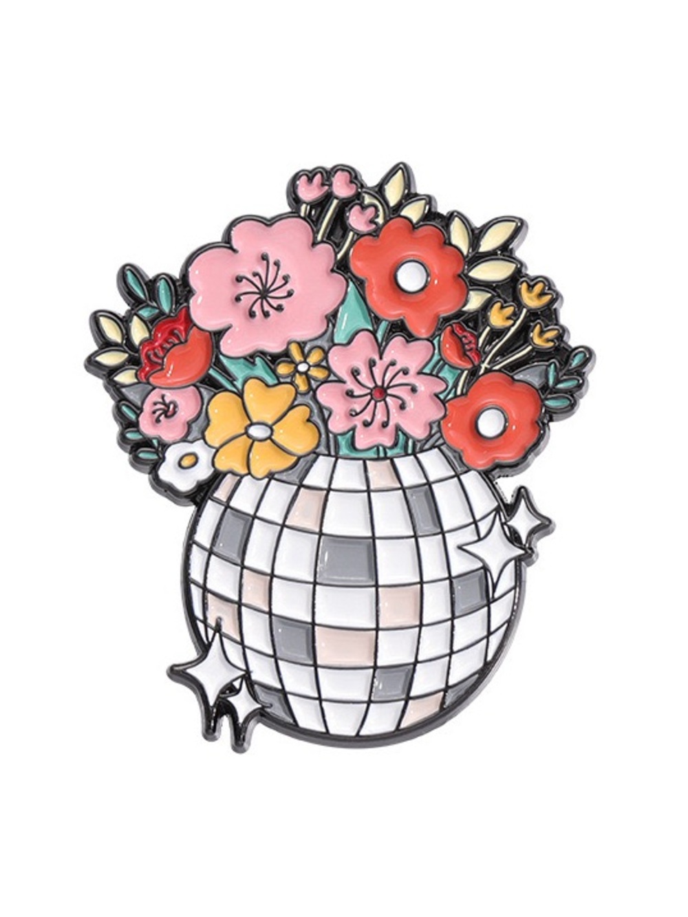 Floral Disco Ball Enamel Pin – Colorful Flower Bouquet Retro Lapel Pin